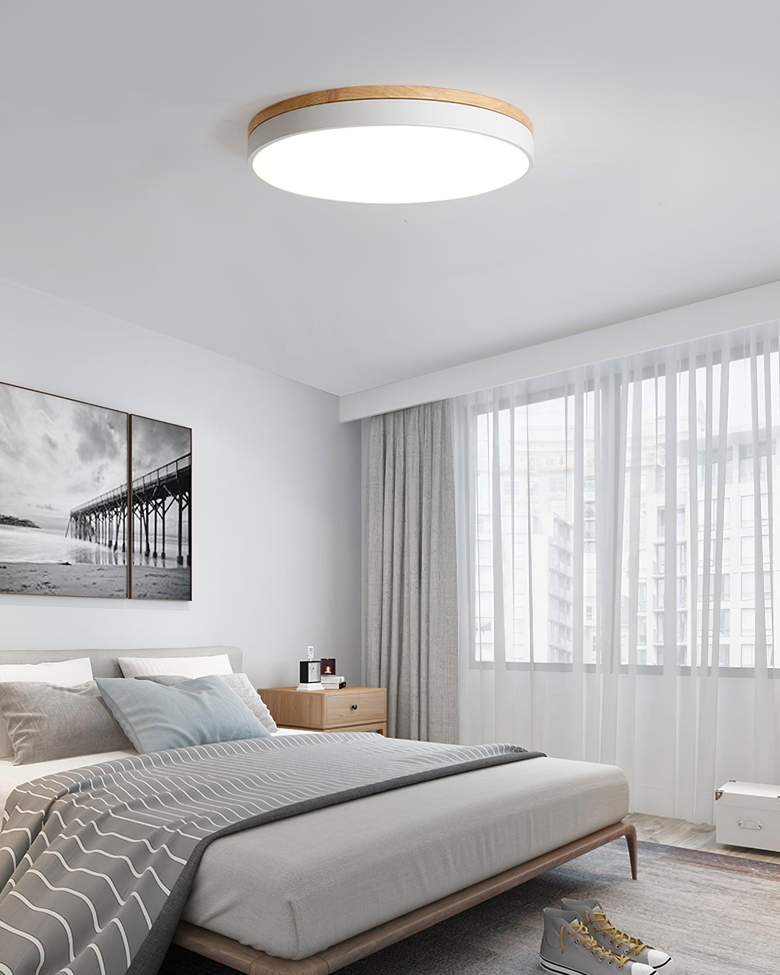 Modern White Round Wooden LED Ceiling Light Flush Mount Fixture for Bedroom and Living Room