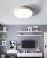 Modern White Round Wooden LED Ceiling Light Flush Mount Fixture for Bedroom and Living Room