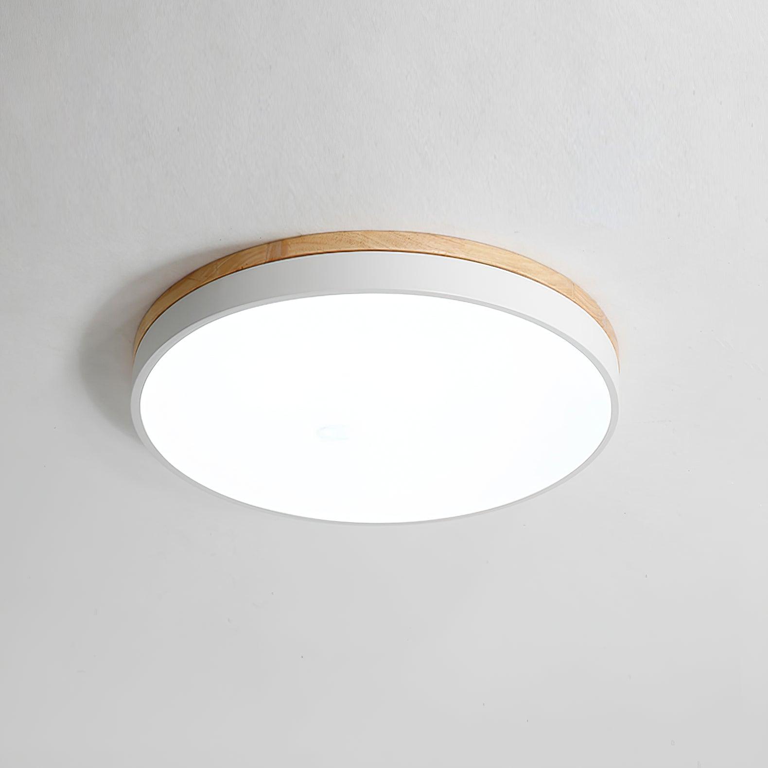 Modern White Round Wooden LED Ceiling Light Flush Mount Fixture for Bedroom and Living Room