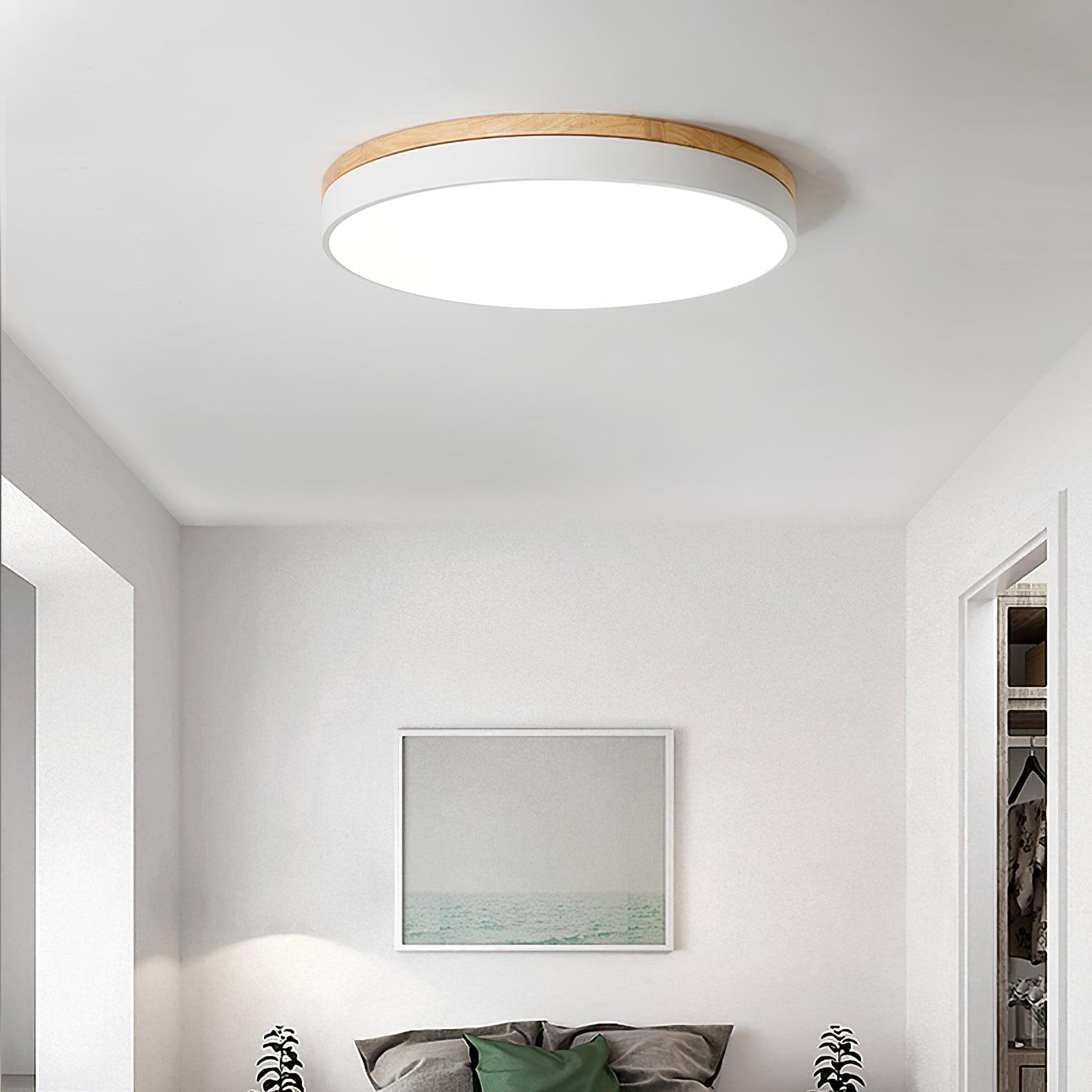 Modern White Round Wooden LED Ceiling Light Flush Mount Fixture for Bedroom and Living Room