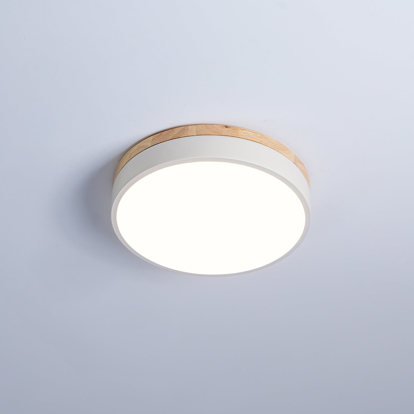 Modern White Round Wooden LED Ceiling Light Flush Mount Fixture for Bedroom and Living Room