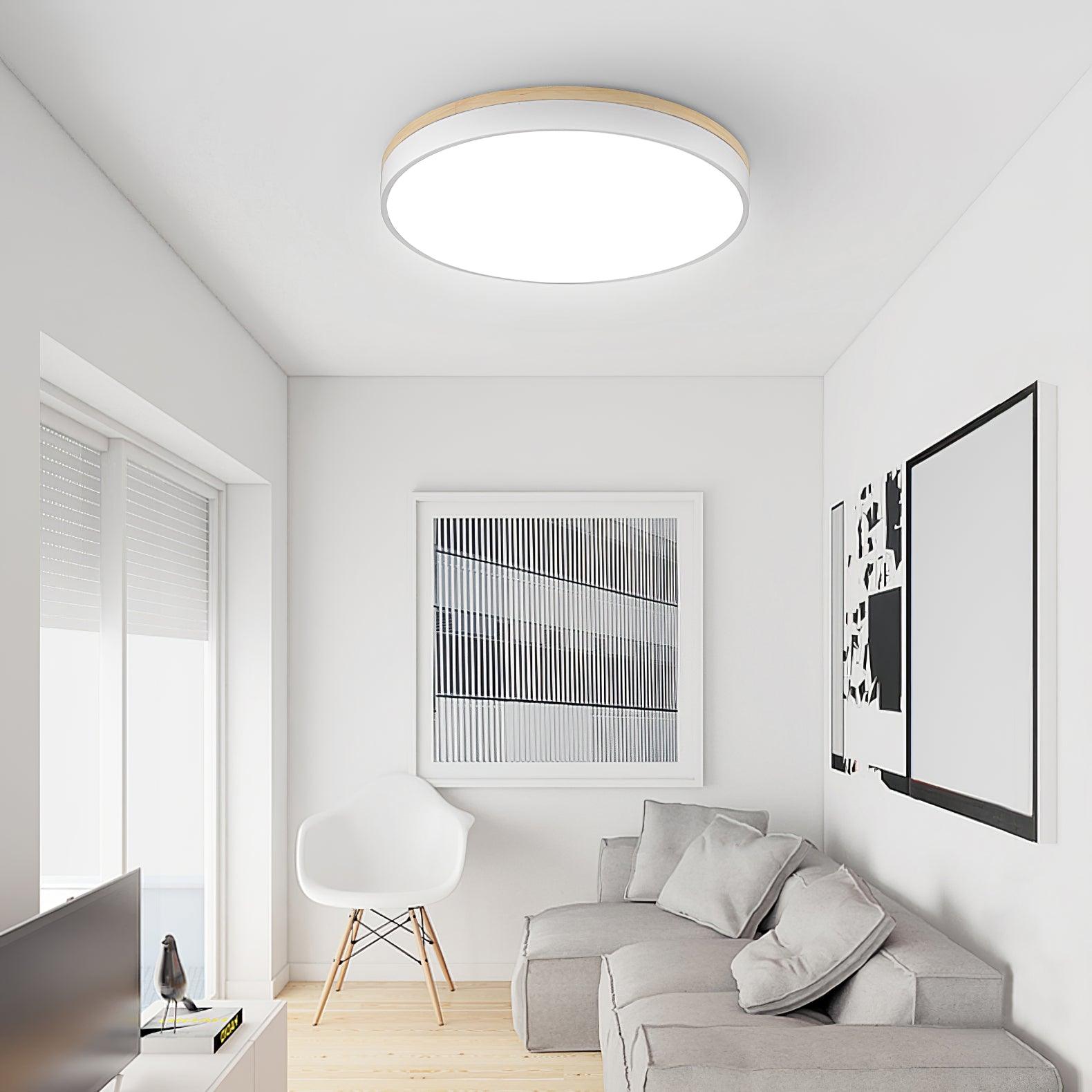 Modern White Round Wooden LED Ceiling Light Flush Mount Fixture for Bedroom and Living Room