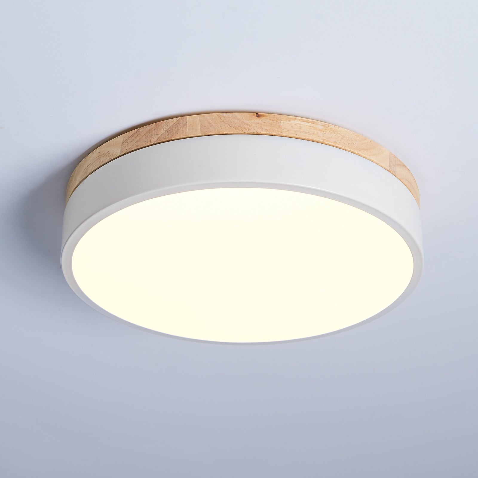 Modern White Round Wooden LED Ceiling Light Flush Mount Fixture for Bedroom and Living Room