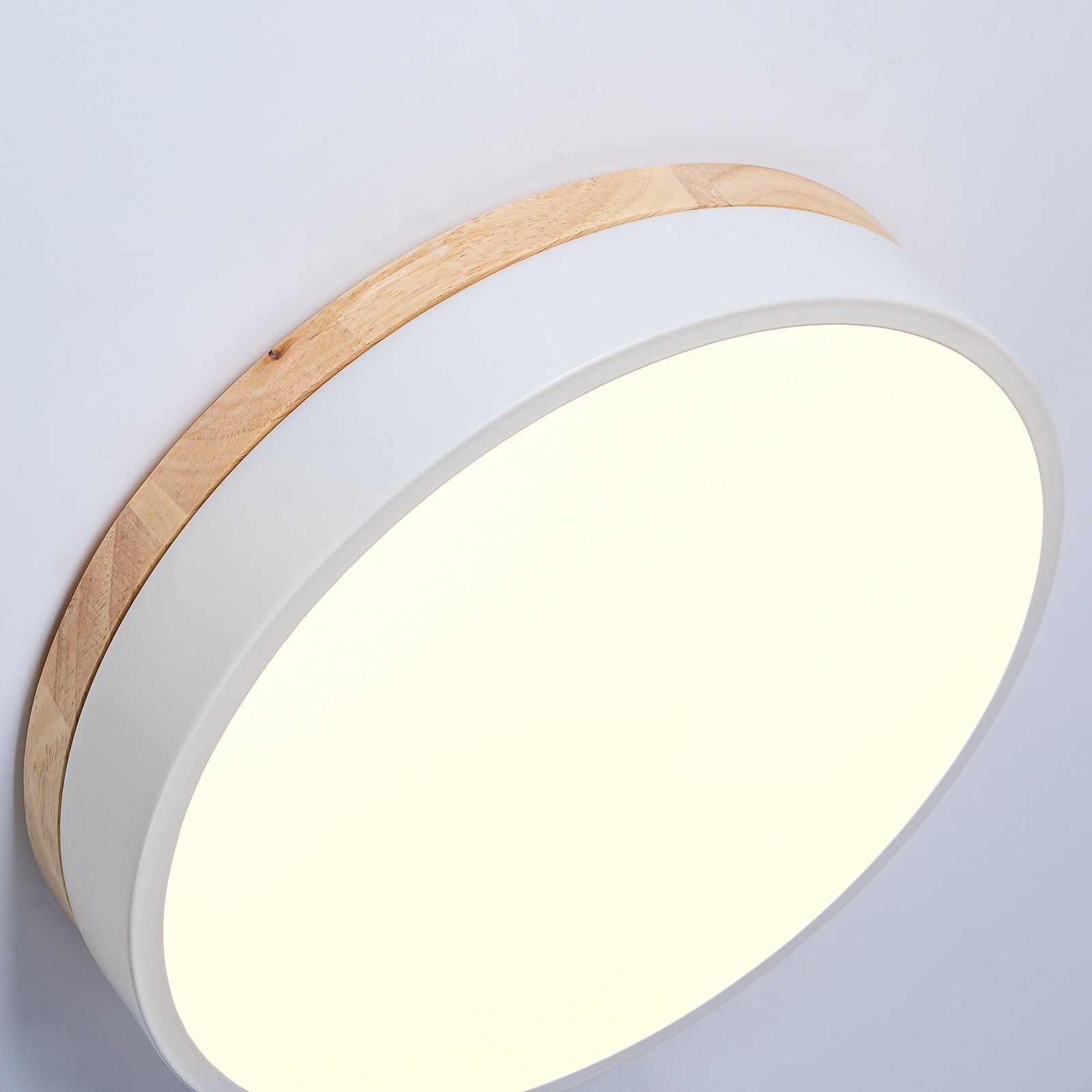 Modern White Round Wooden LED Ceiling Light Flush Mount Fixture for Bedroom and Living Room