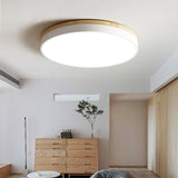 Modern White Round Wooden LED Ceiling Light Flush Mount Fixture for Bedroom and Living Room