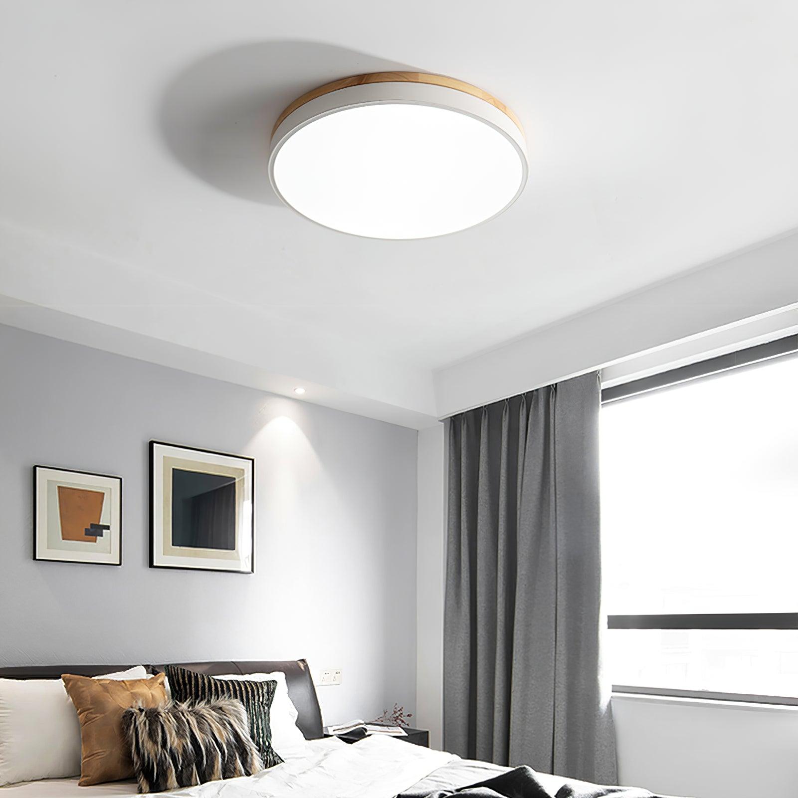 Modern White Round Wooden LED Ceiling Light Flush Mount Fixture for Bedroom and Living Room