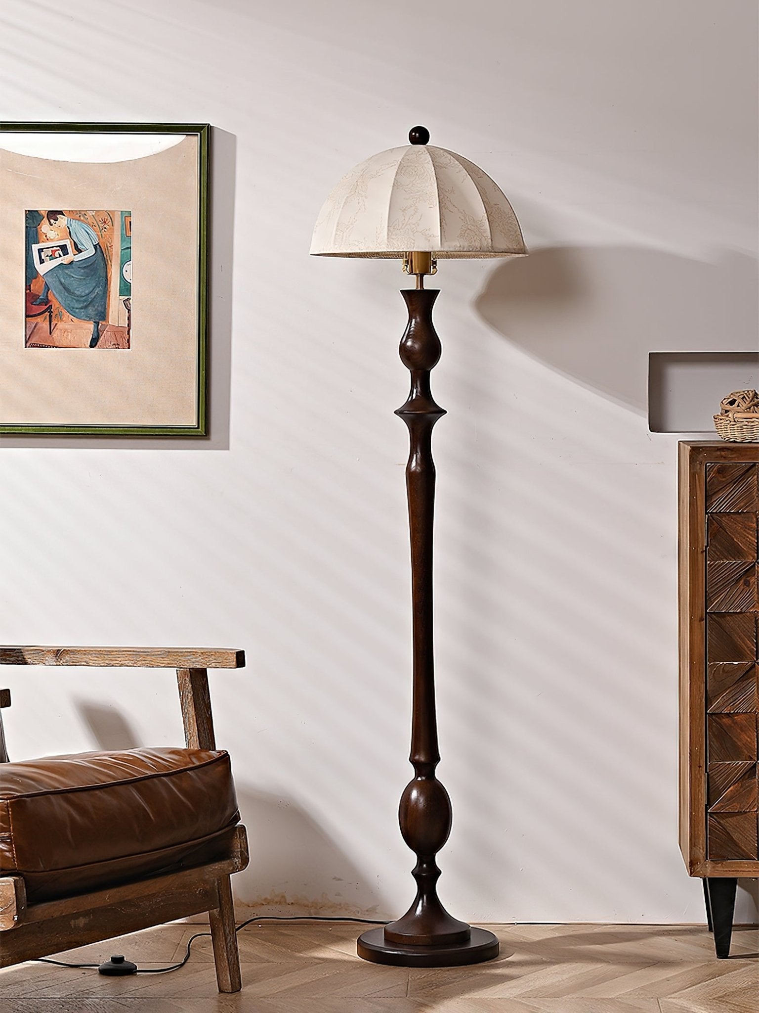 Windsor Mid Century Modern Walnut Floor Lamp with White Fabric Dome Shade