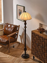 Windsor Mid Century Modern Walnut Floor Lamp with White Fabric Dome Shade