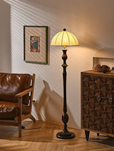 Windsor Mid Century Modern Walnut Floor Lamp with White Fabric Dome Shade