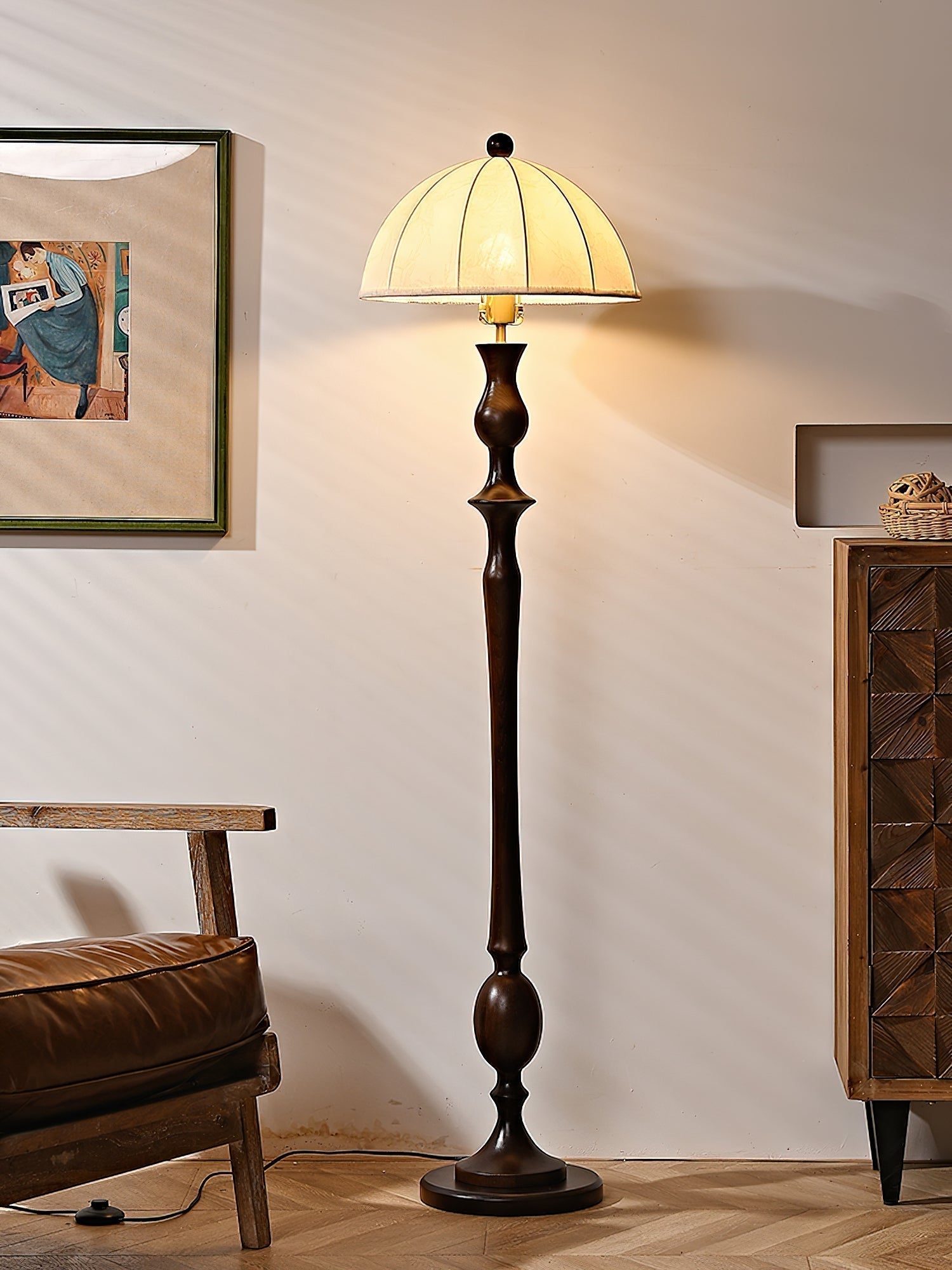 Windsor Mid Century Modern Walnut Floor Lamp with White Fabric Dome Shade