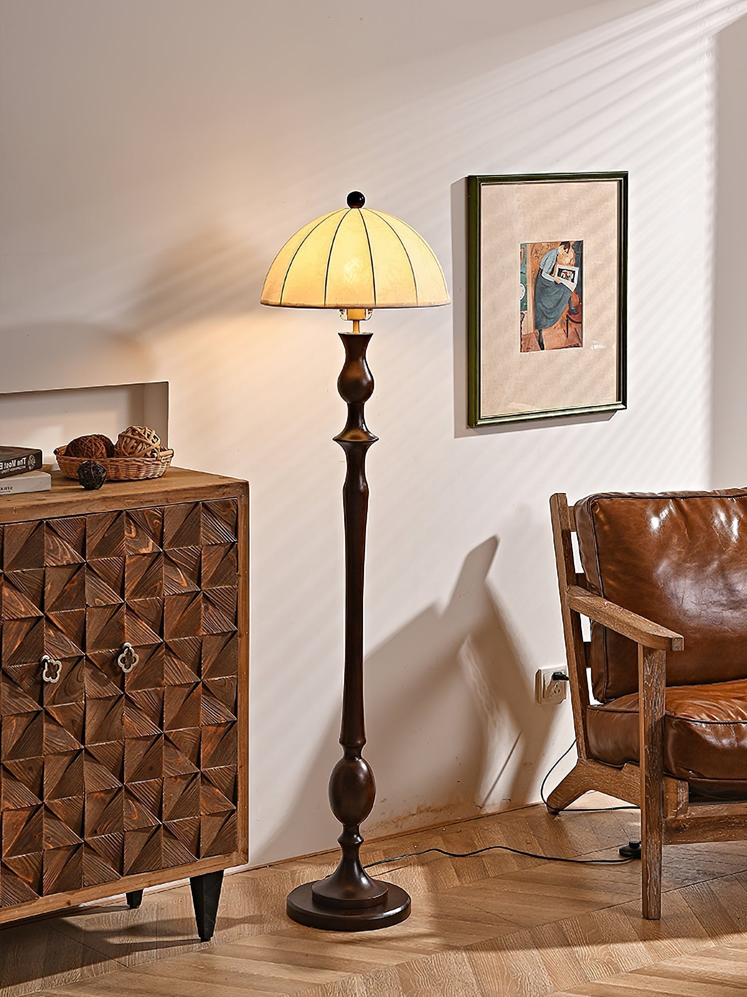Windsor Mid Century Modern Walnut Floor Lamp with White Fabric Dome Shade