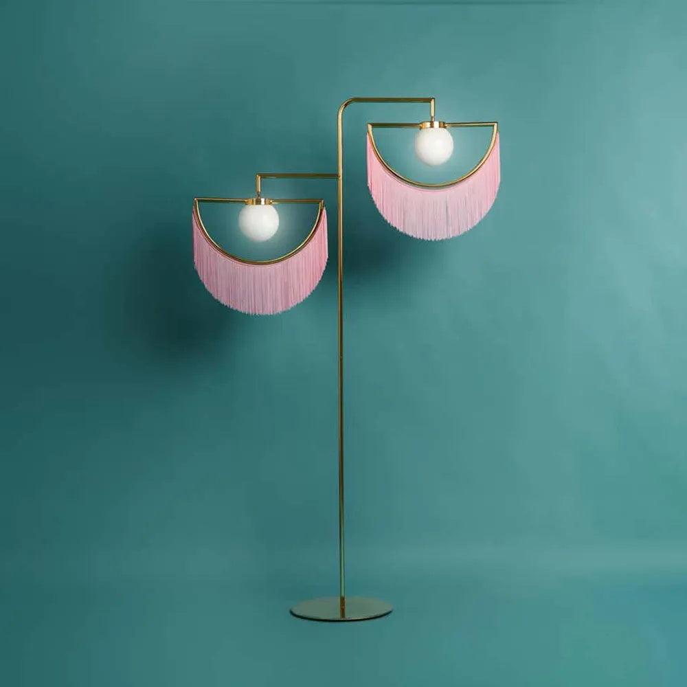 Art Deco Geometric Standing Lamp with Multi Color Tassel Fringes and Glass Globe