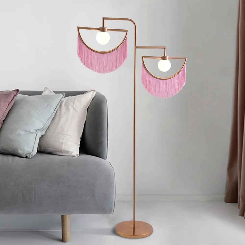 Art Deco Geometric Standing Lamp with Multi Color Tassel Fringes and Glass Globe