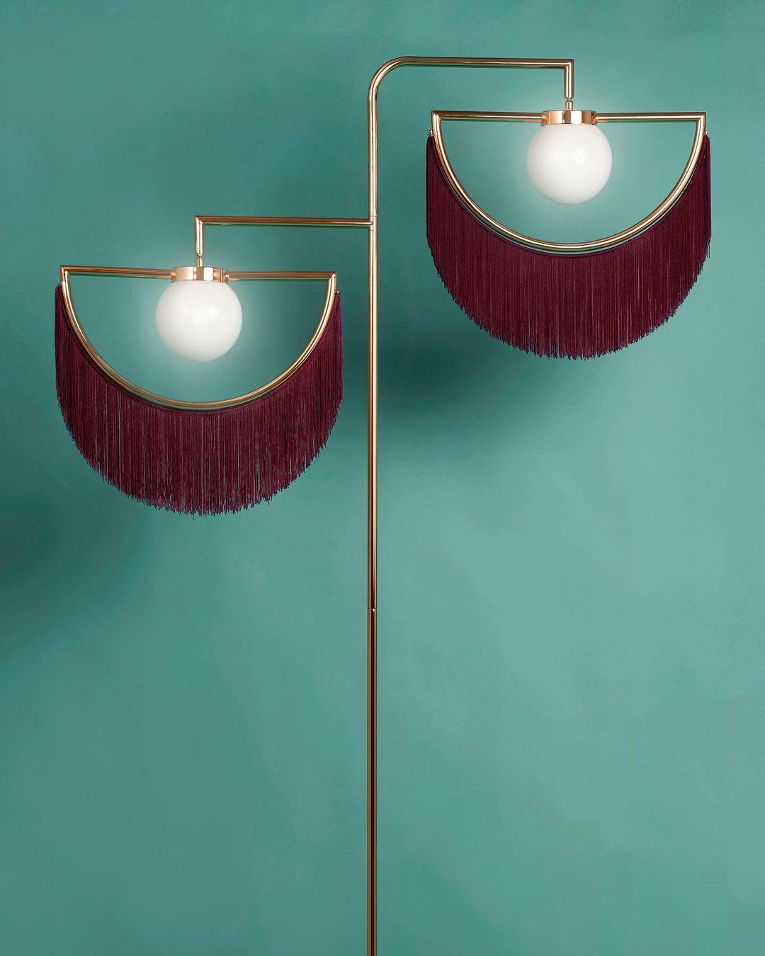 Art Deco Geometric Standing Lamp with Multi Color Tassel Fringes and Glass Globe