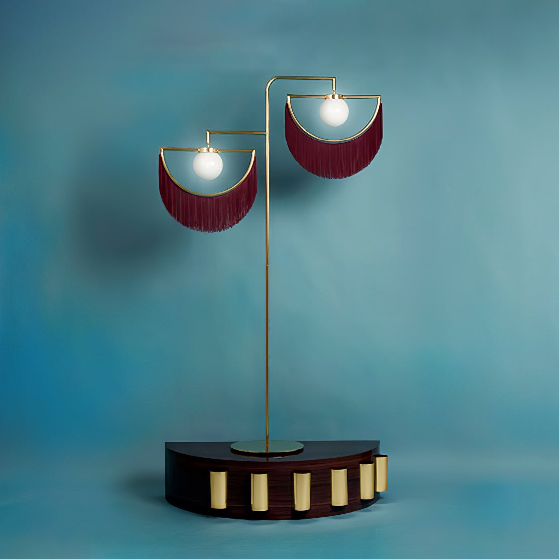 Art Deco Geometric Standing Lamp with Multi Color Tassel Fringes and Glass Globe
