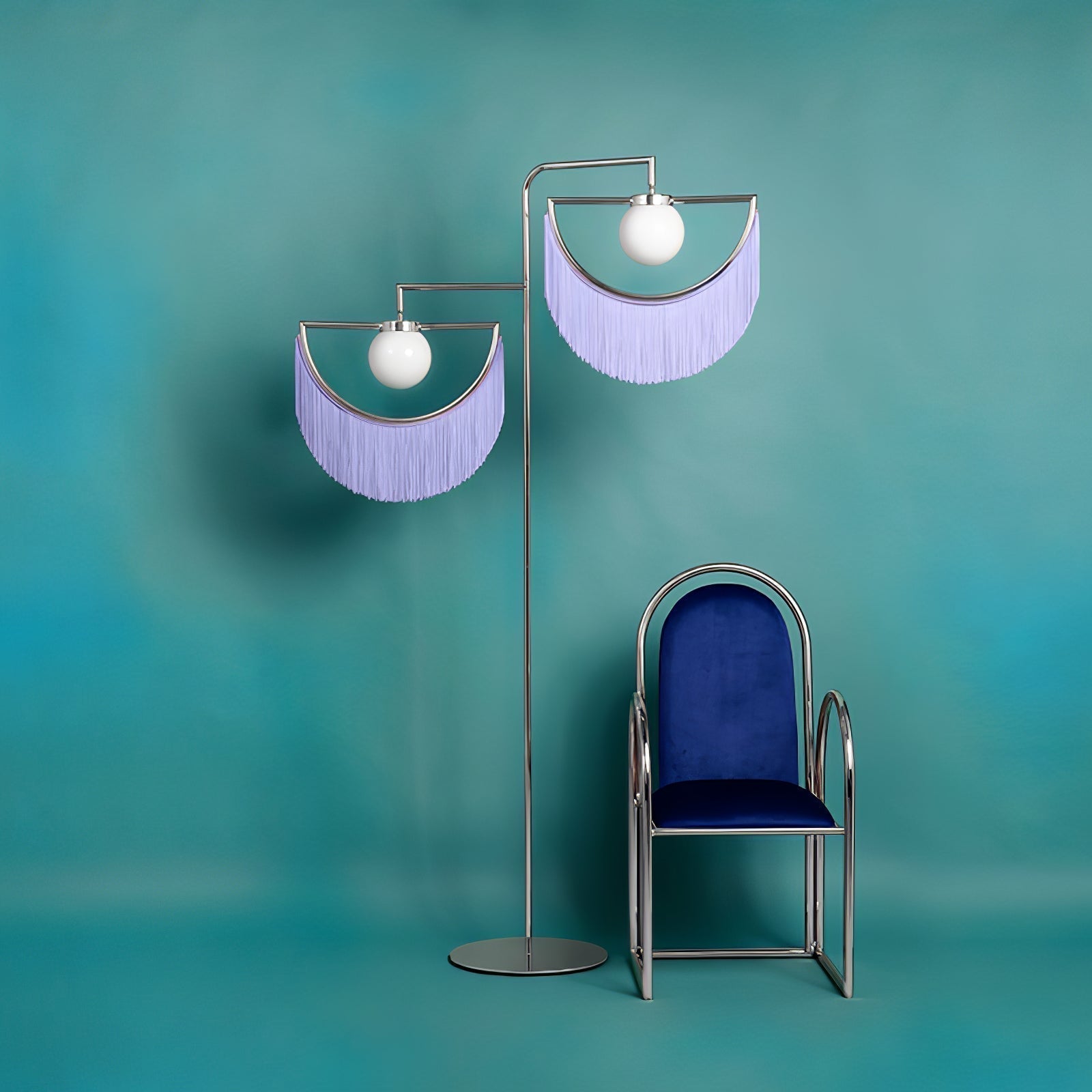 Art Deco Geometric Standing Lamp with Multi Color Tassel Fringes and Glass Globe