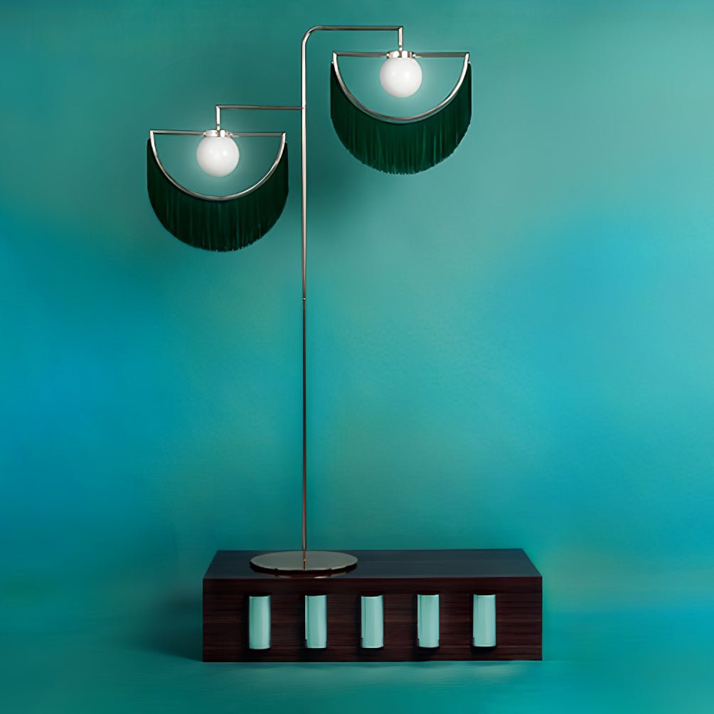 Art Deco Geometric Standing Lamp with Multi Color Tassel Fringes and Glass Globe
