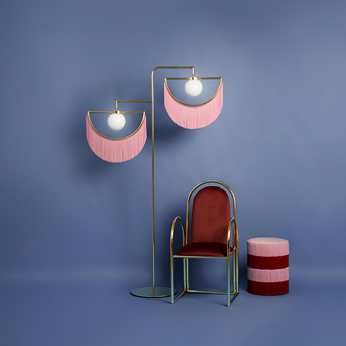 Art Deco Geometric Standing Lamp with Multi Color Tassel Fringes and Glass Globe