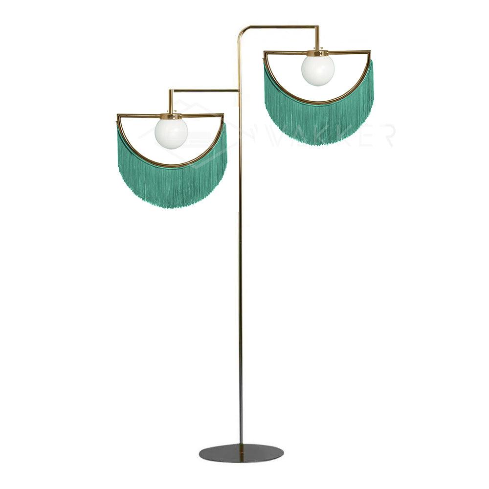 Art Deco Geometric Standing Lamp with Multi Color Tassel Fringes and Glass Globe