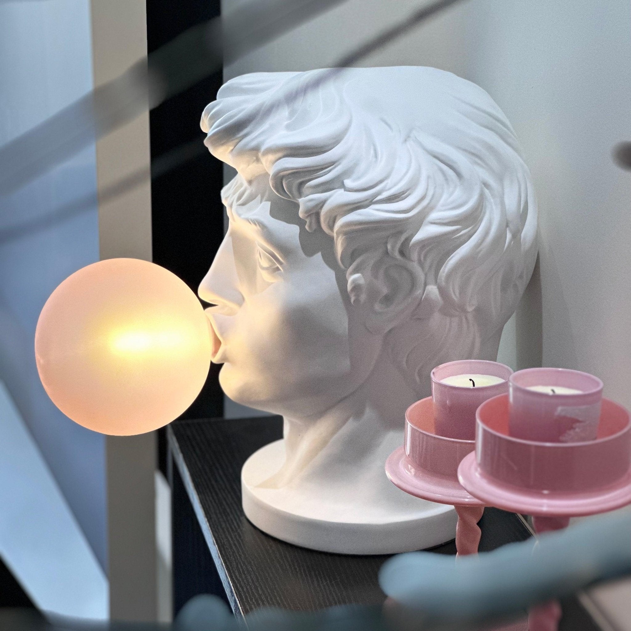 Sculptural Resin Portrait Bust Table Lamp with Pink Glass Bubble Gum Shade for Modern Interiors