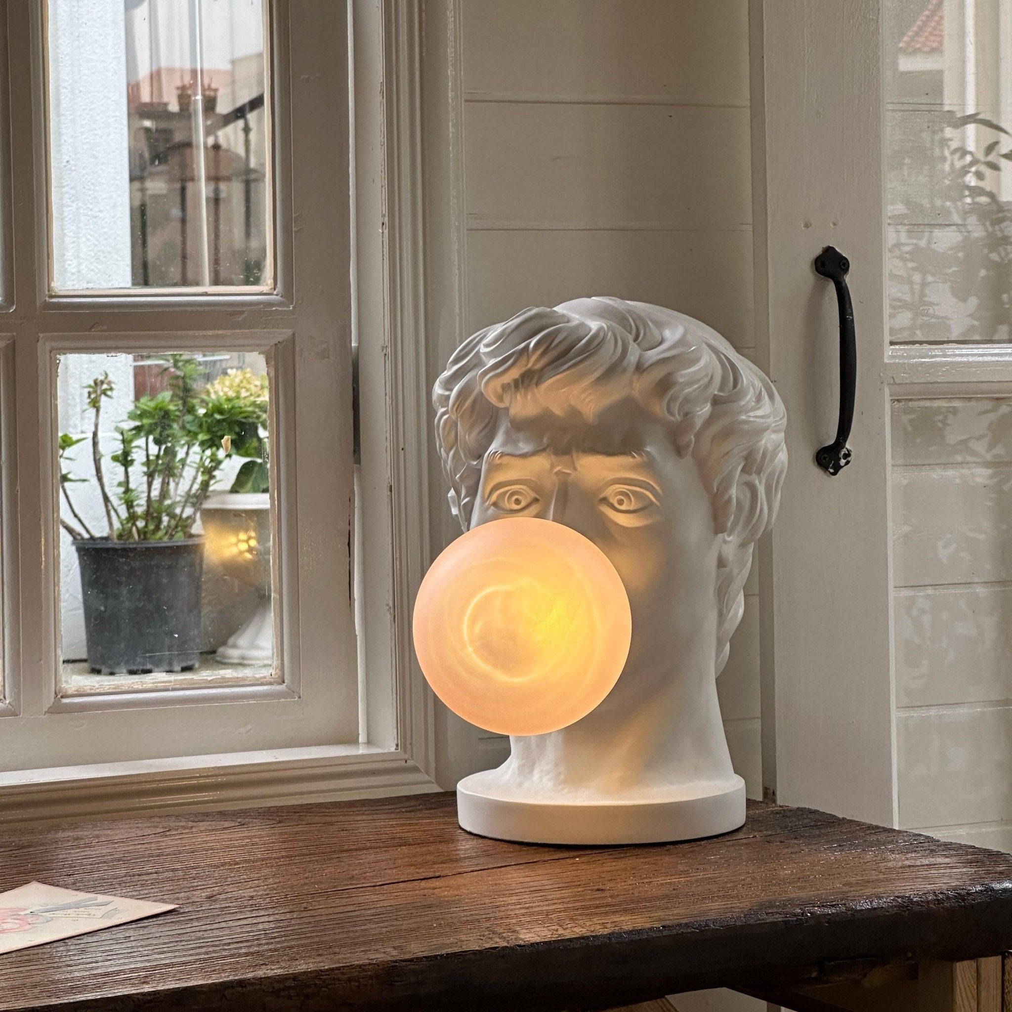 Sculptural Resin Portrait Bust Table Lamp with Pink Glass Bubble Gum Shade for Modern Interiors