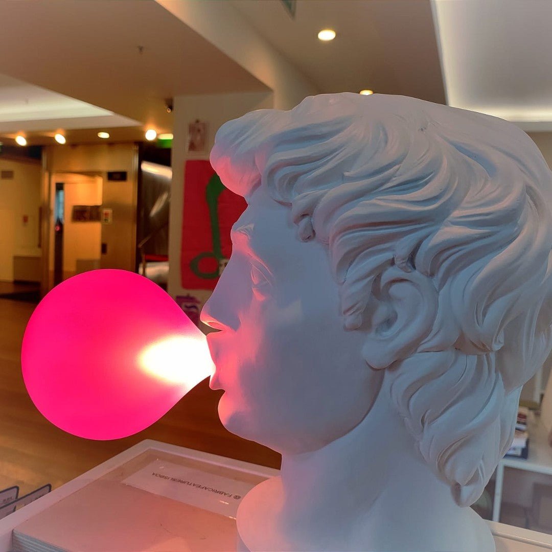 Sculptural Resin Portrait Bust Table Lamp with Pink Glass Bubble Gum Shade for Modern Interiors