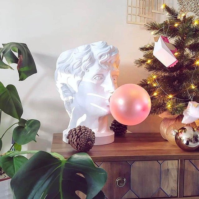 Sculptural Resin Portrait Bust Table Lamp with Pink Glass Bubble Gum Shade for Modern Interiors