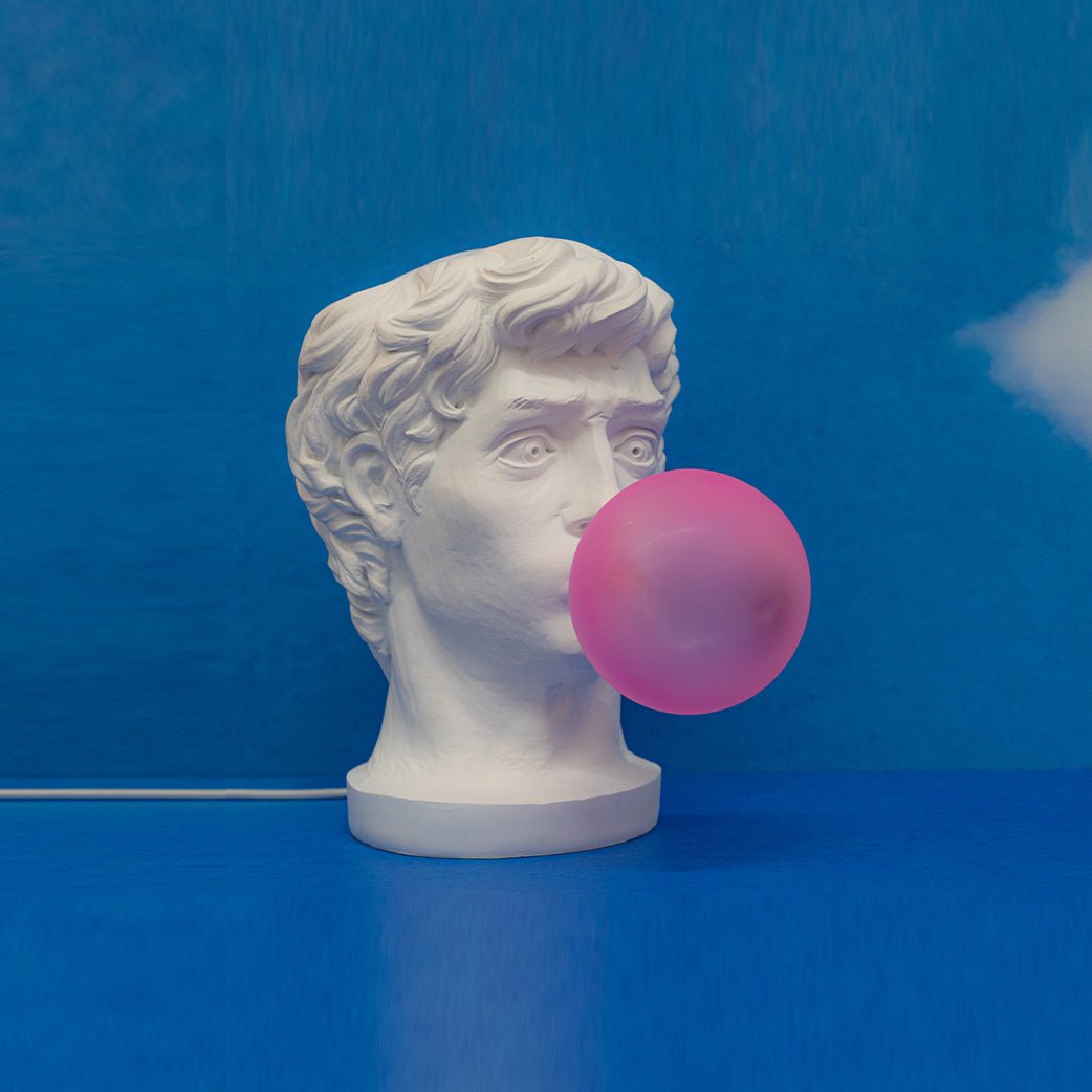 Sculptural Resin Portrait Bust Table Lamp with Pink Glass Bubble Gum Shade for Modern Interiors