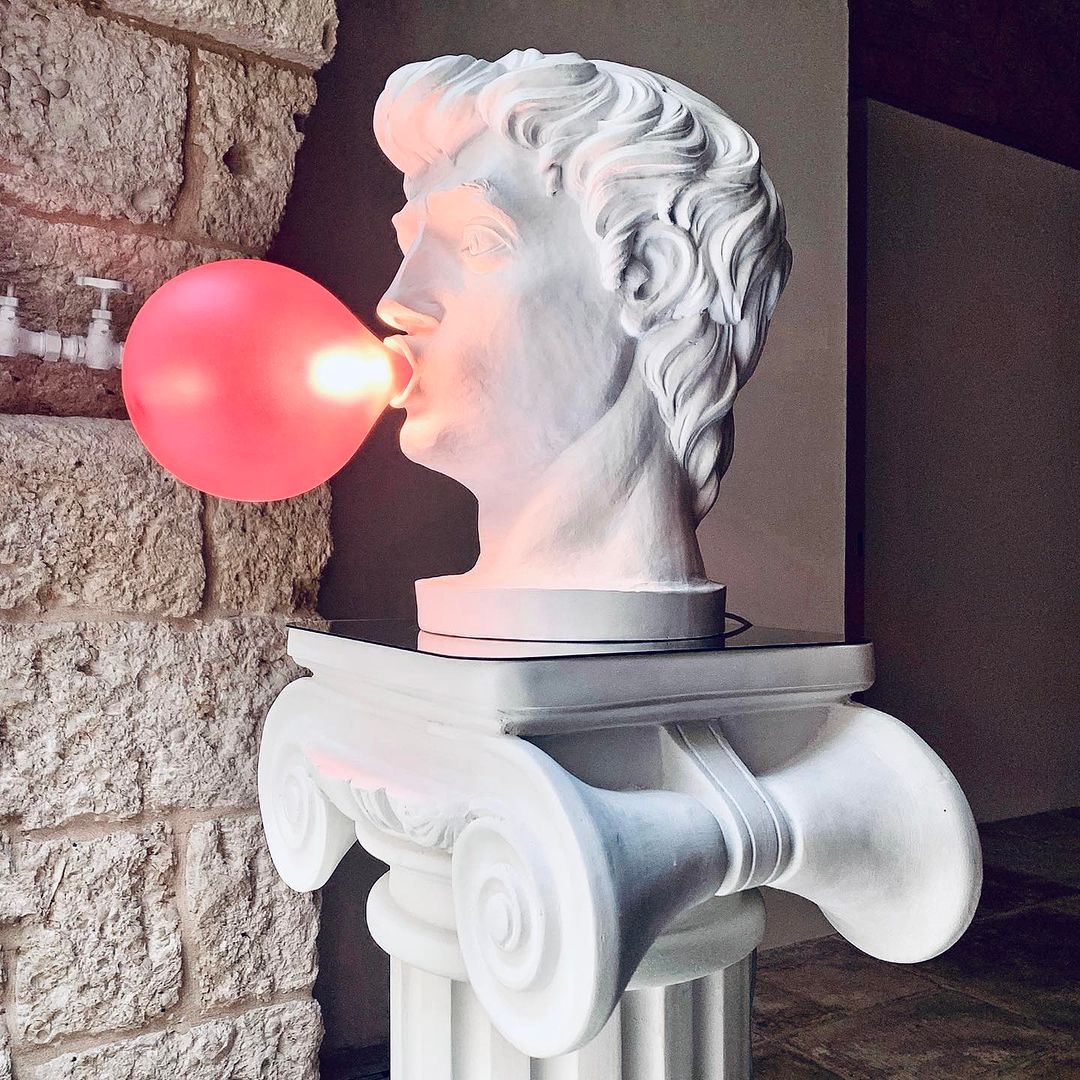 Sculptural Resin Portrait Bust Table Lamp with Pink Glass Bubble Gum Shade for Modern Interiors