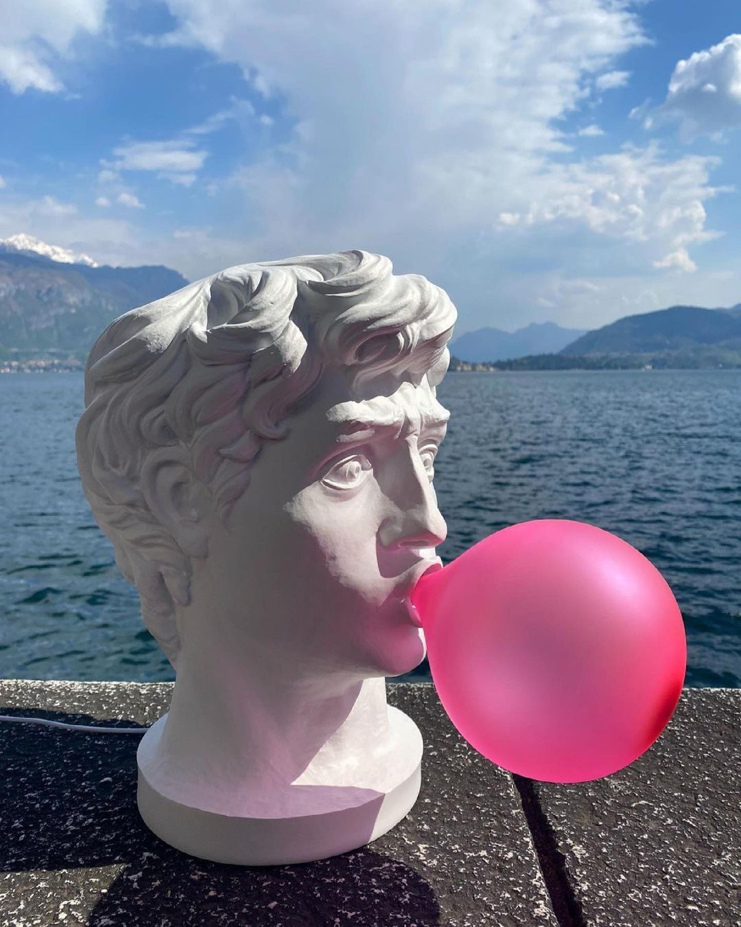 Sculptural Resin Portrait Bust Table Lamp with Pink Glass Bubble Gum Shade for Modern Interiors