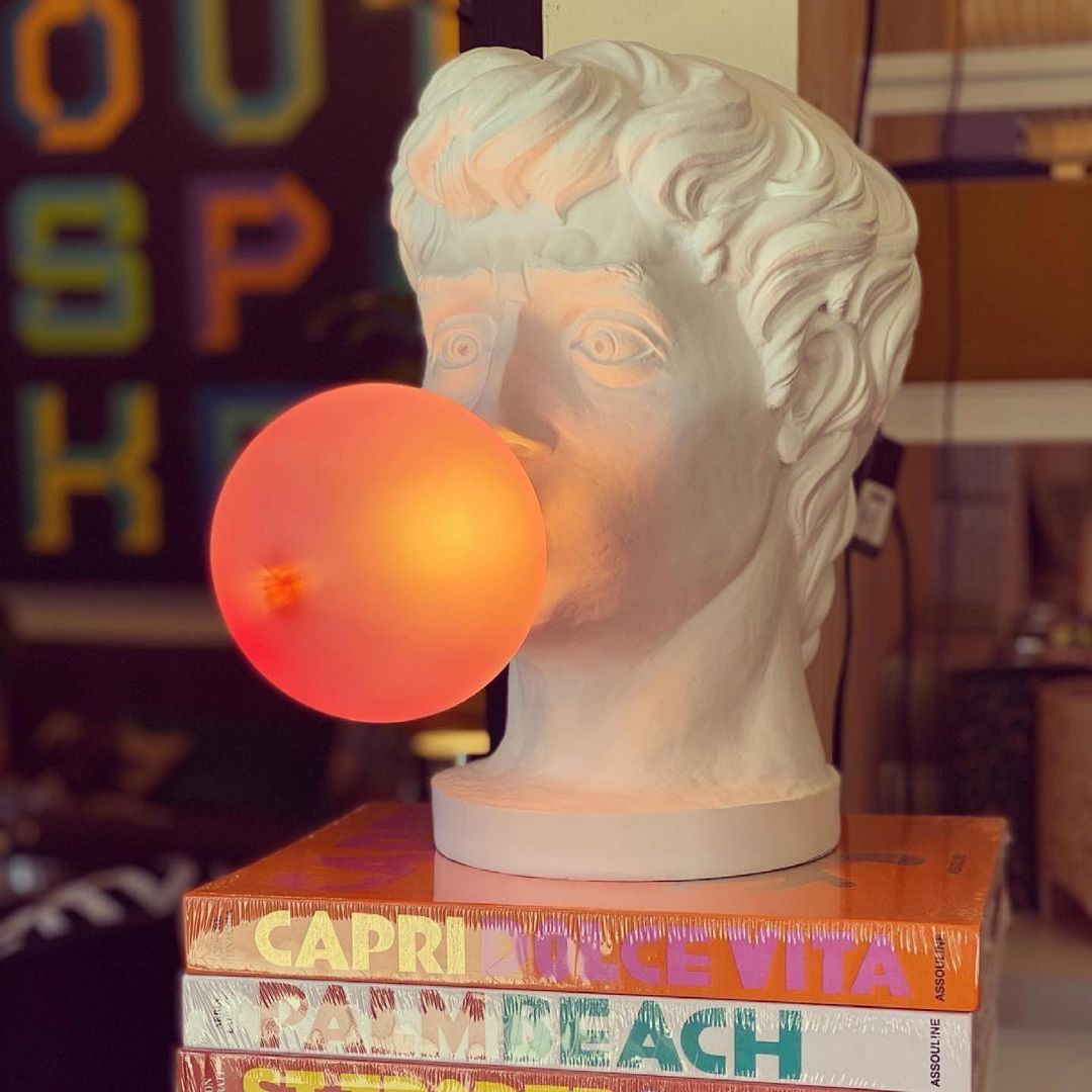 Sculptural Resin Portrait Bust Table Lamp with Pink Glass Bubble Gum Shade for Modern Interiors