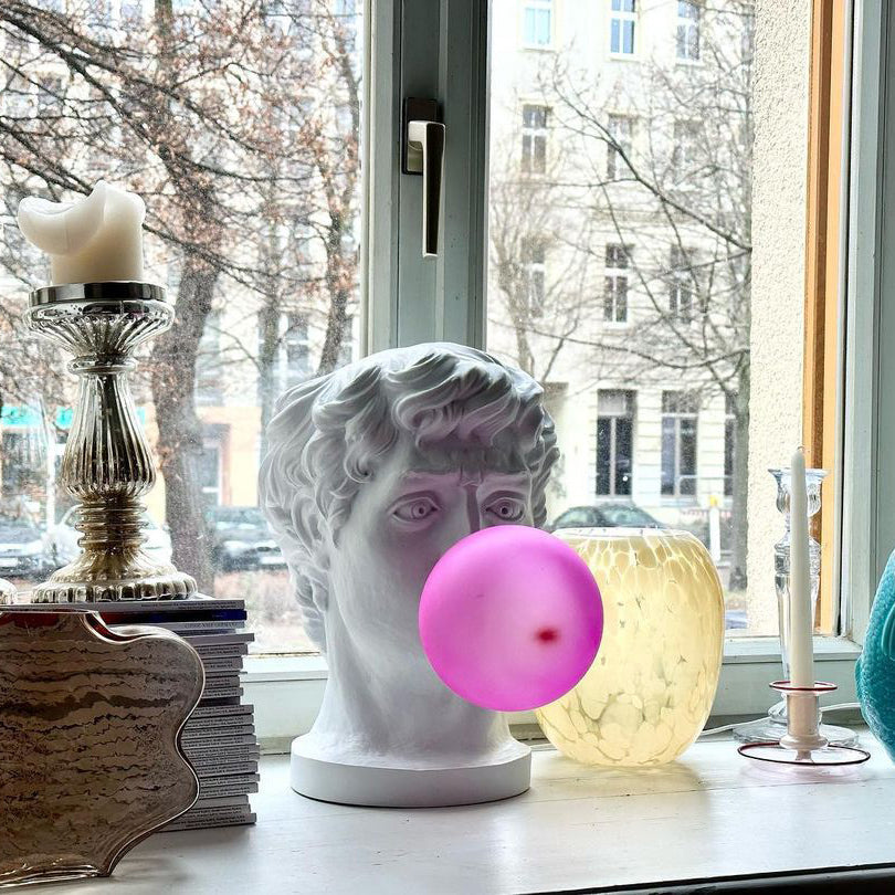Sculptural Resin Portrait Bust Table Lamp with Pink Glass Bubble Gum Shade for Modern Interiors