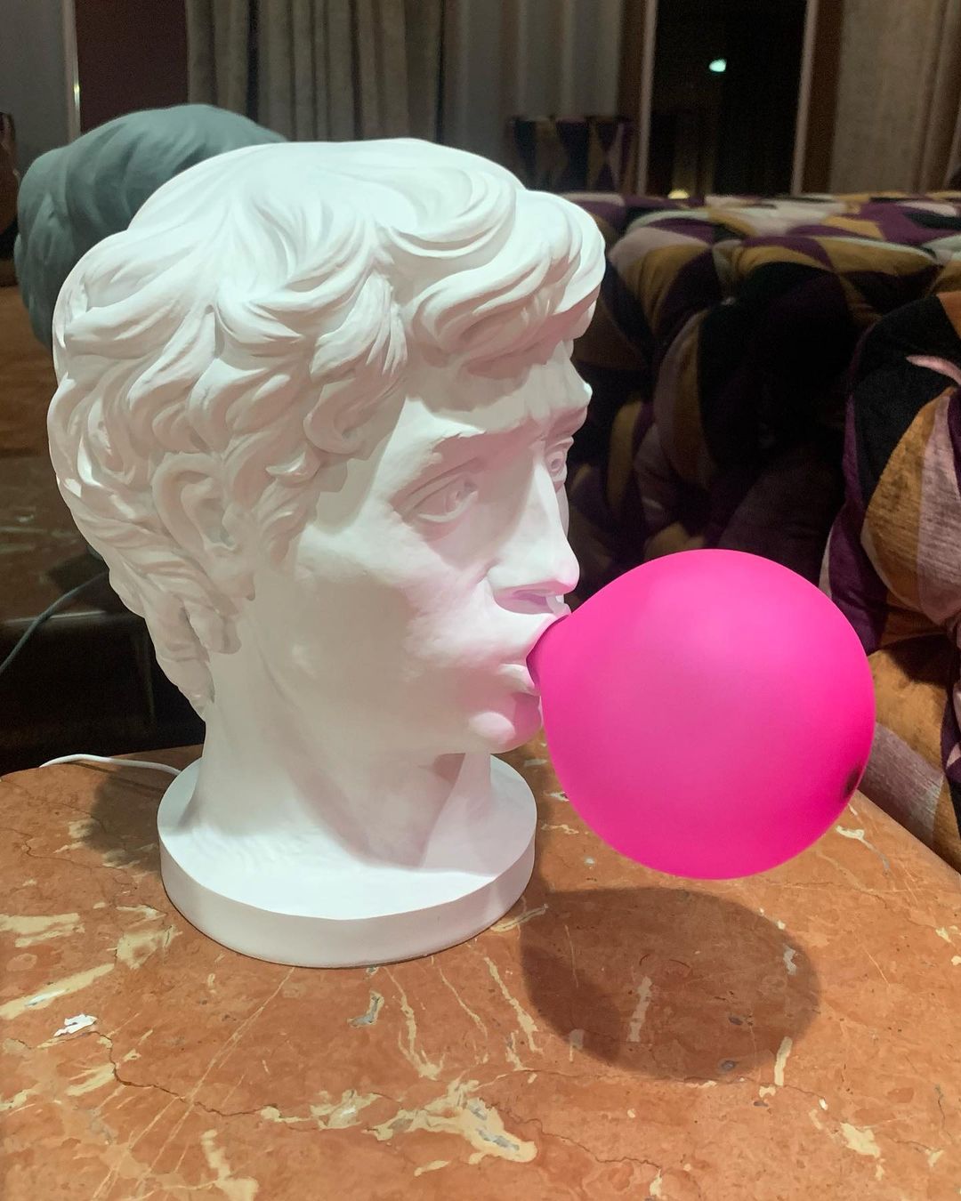 Sculptural Resin Portrait Bust Table Lamp with Pink Glass Bubble Gum Shade for Modern Interiors