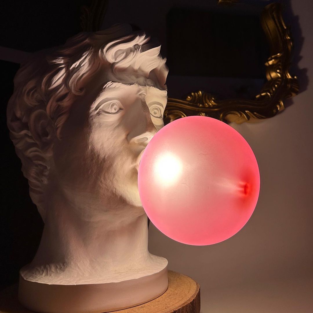 Sculptural Resin Portrait Bust Table Lamp with Pink Glass Bubble Gum Shade for Modern Interiors