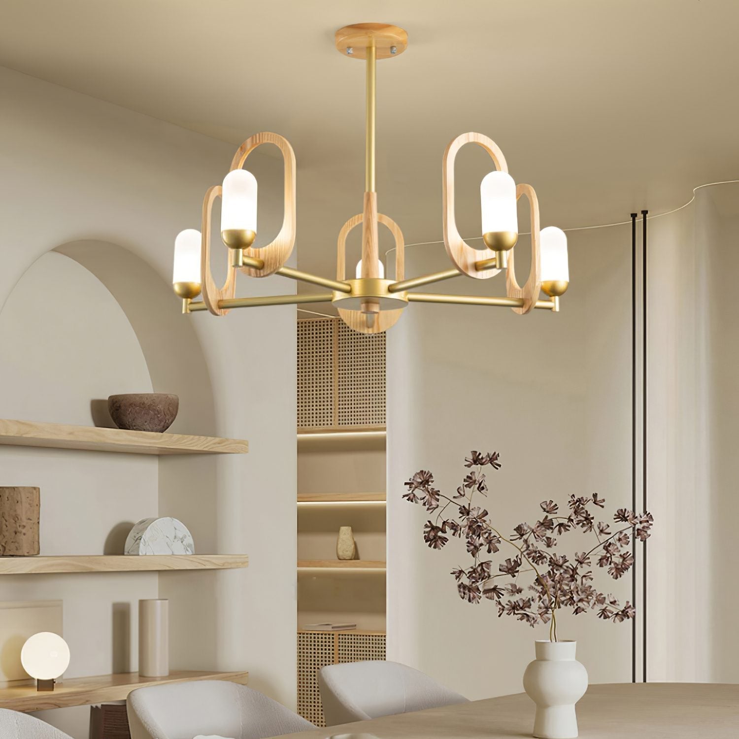 modern-rubberwood-oval-halo-chandelier-with-white-glass-globes-for-living-room
