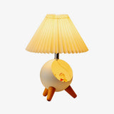 Mid Century Modern Small Wood Table Lamp with Ceramic Base and Fabric Shade