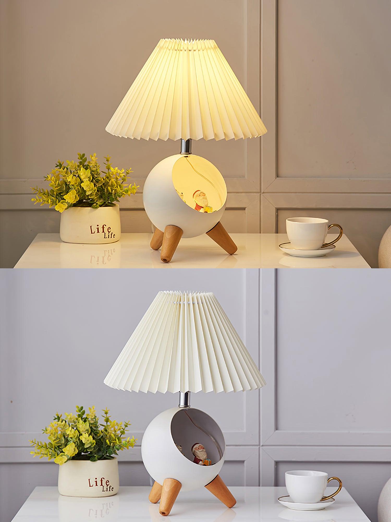 Mid Century Modern Small Wood Table Lamp with Ceramic Base and Fabric Shade