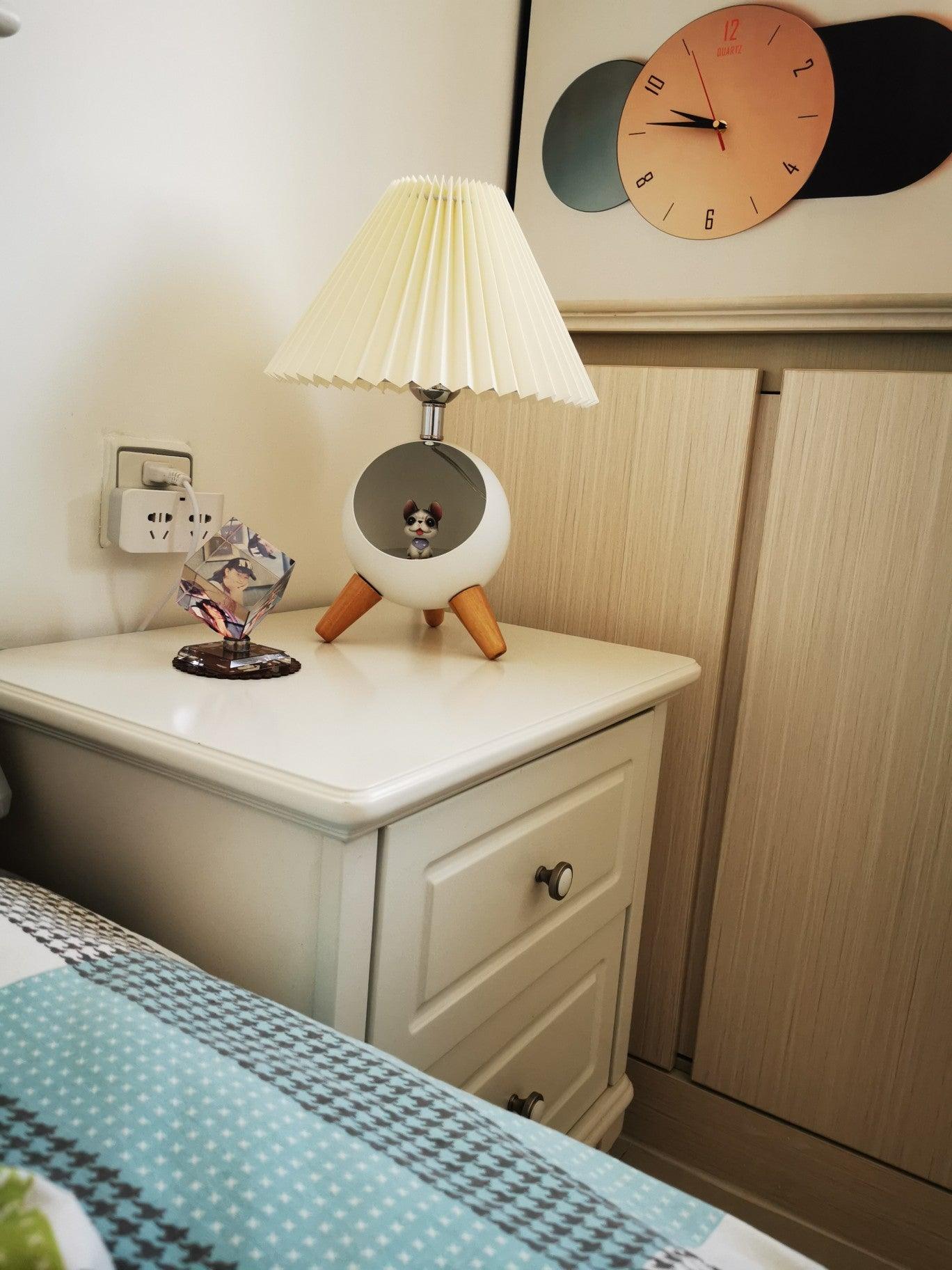 Mid Century Modern Small Wood Table Lamp with Ceramic Base and Fabric Shade