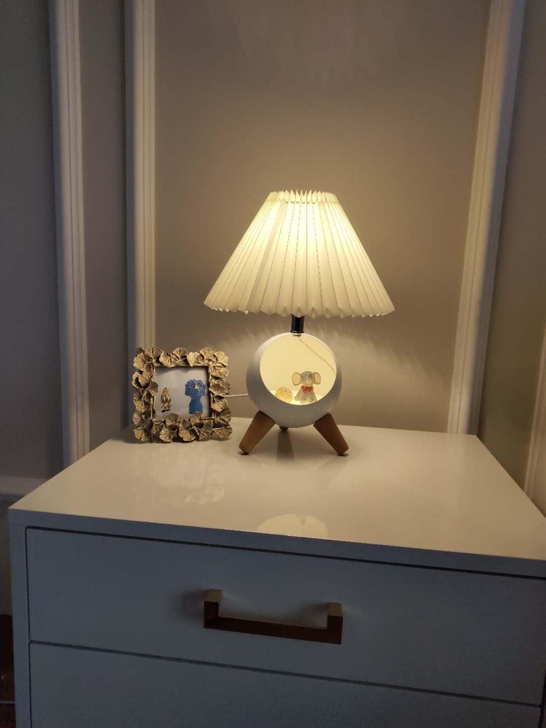 Mid Century Modern Small Wood Table Lamp with Ceramic Base and Fabric Shade