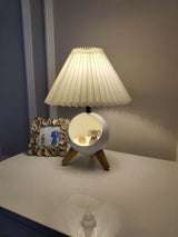 Mid Century Modern Small Wood Table Lamp with Ceramic Base and Fabric Shade