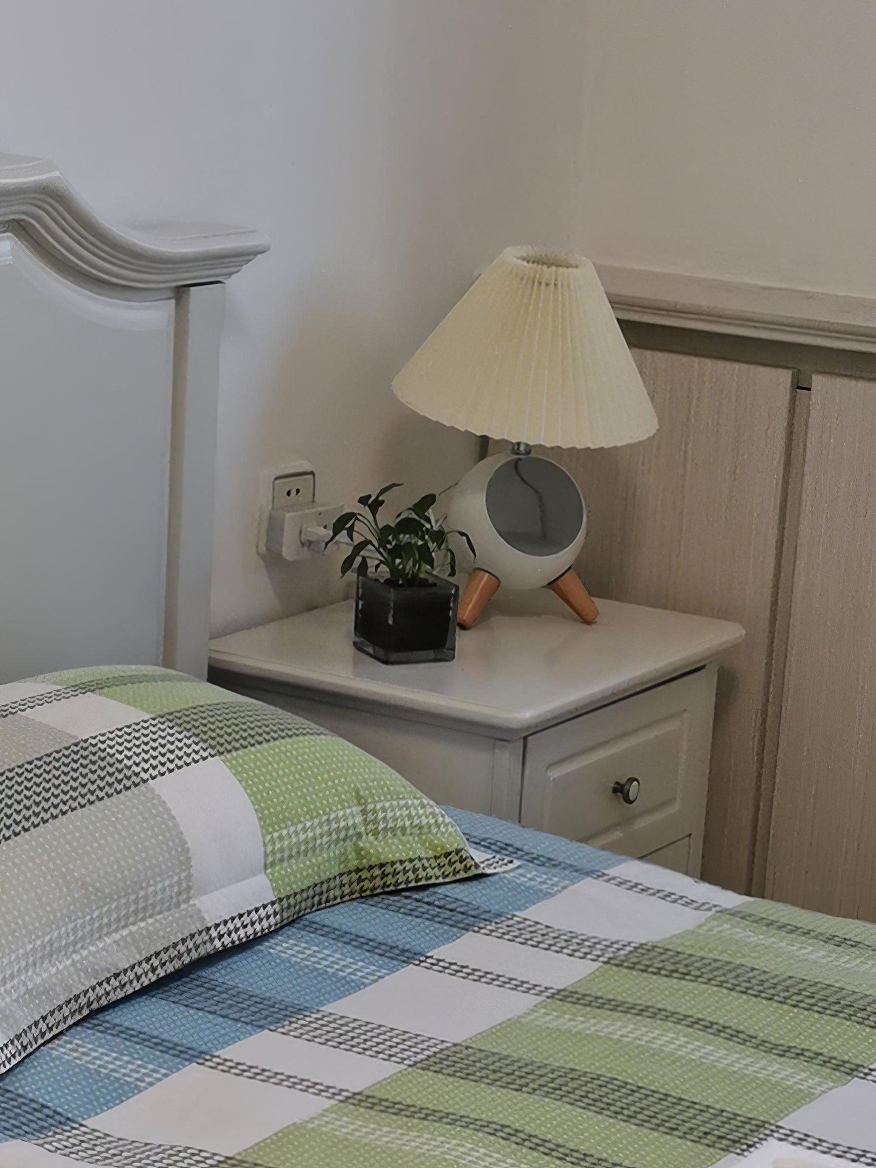 Mid Century Modern Small Wood Table Lamp with Ceramic Base and Fabric Shade