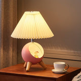 Mid Century Modern Small Wood Table Lamp with Ceramic Base and Fabric Shade