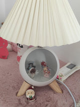 Mid Century Modern Small Wood Table Lamp with Ceramic Base and Fabric Shade