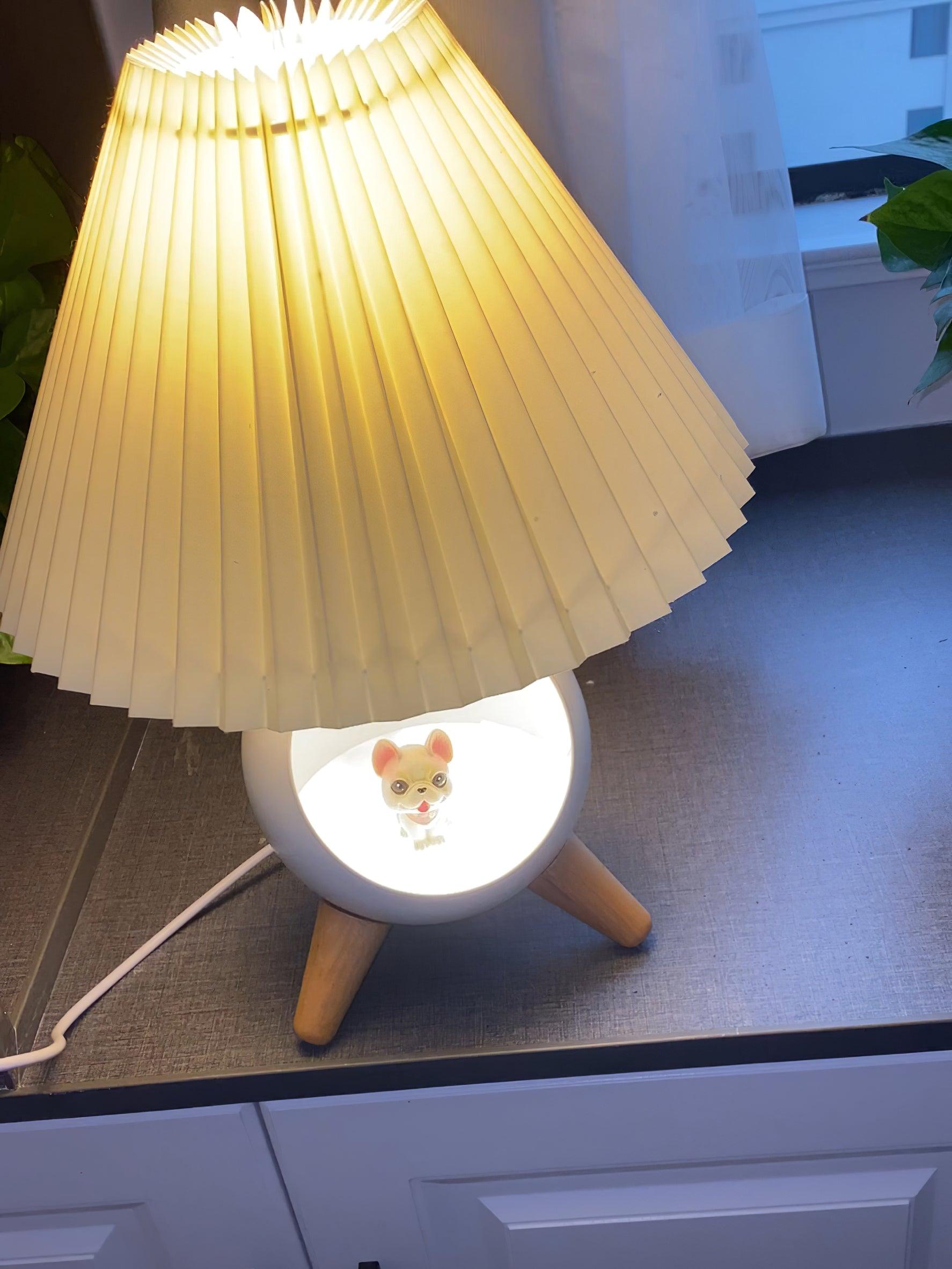Mid Century Modern Small Wood Table Lamp with Ceramic Base and Fabric Shade