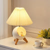 Mid Century Modern Small Wood Table Lamp with Ceramic Base and Fabric Shade