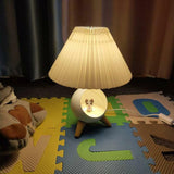 Mid Century Modern Small Wood Table Lamp with Ceramic Base and Fabric Shade