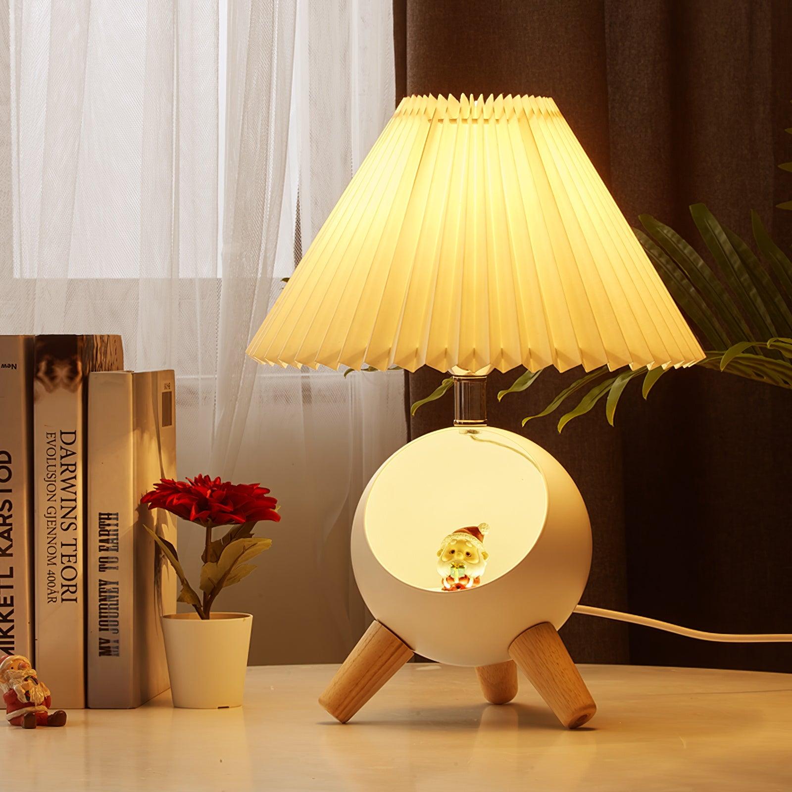 Mid Century Modern Small Wood Table Lamp with Ceramic Base and Fabric Shade