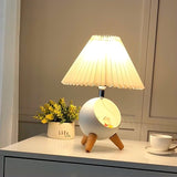 Mid Century Modern Small Wood Table Lamp with Ceramic Base and Fabric Shade