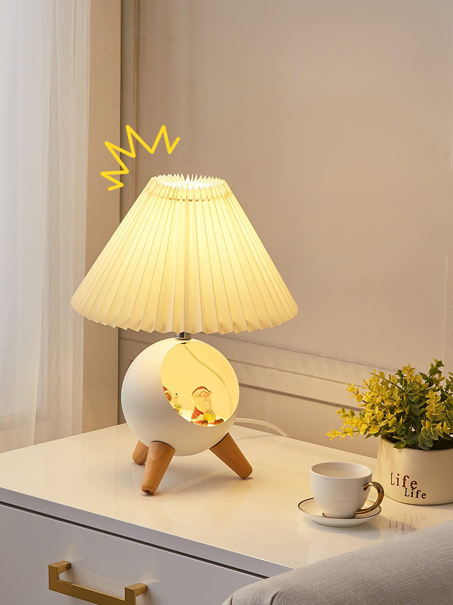 Mid Century Modern Small Wood Table Lamp with Ceramic Base and Fabric Shade
