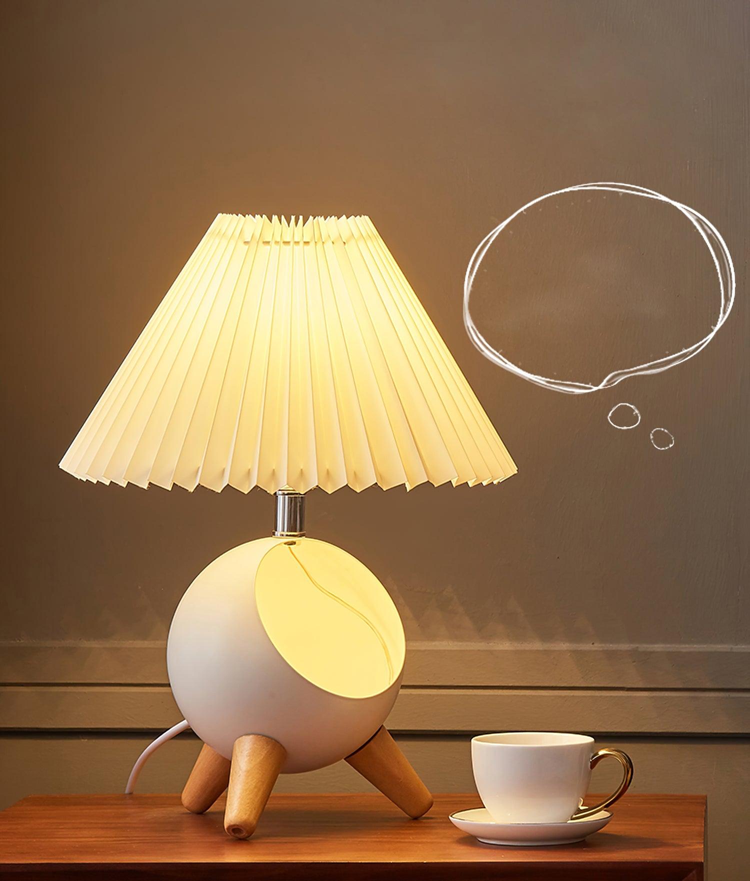 Mid Century Modern Small Wood Table Lamp with Ceramic Base and Fabric Shade
